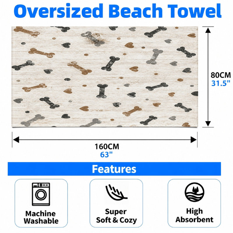 Serviette 1 pièce à motif os et cœur de chien, avec des impressions ludiques sur un fond en bois vieilli. Grande microfibre absorbante, idéale pour la plage, la piscine, la salle de sport, les voyages et les amoureux des animaux.