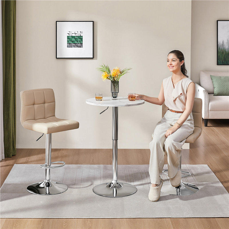 Round Metal Base Dining Table, White Marble, Silver