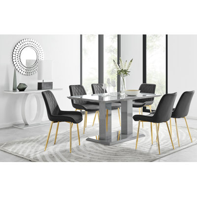 Eubanks High Gloss Double Pillar Dining Table Set with 6 Luxury Velvet Upholstered Dining Chairs