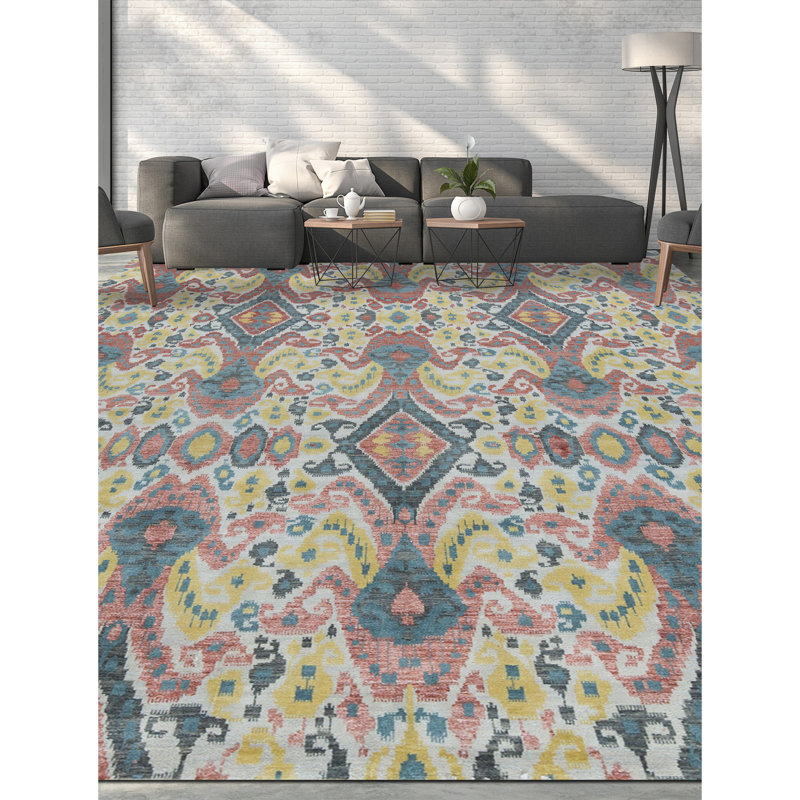 Wool Damask Area Rug in Black/Rust