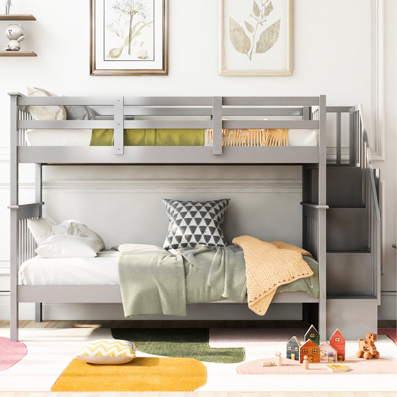 Lit superposé Twintwin avec garde-corps et rangement gris pour dortoir de chambre à coucher, Gris