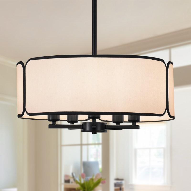 5 - Light 19.69“ Modern Drum Chandelie With White Fabric Drum Shade For Kitchen Island Living Room Bedroom, Matte Black