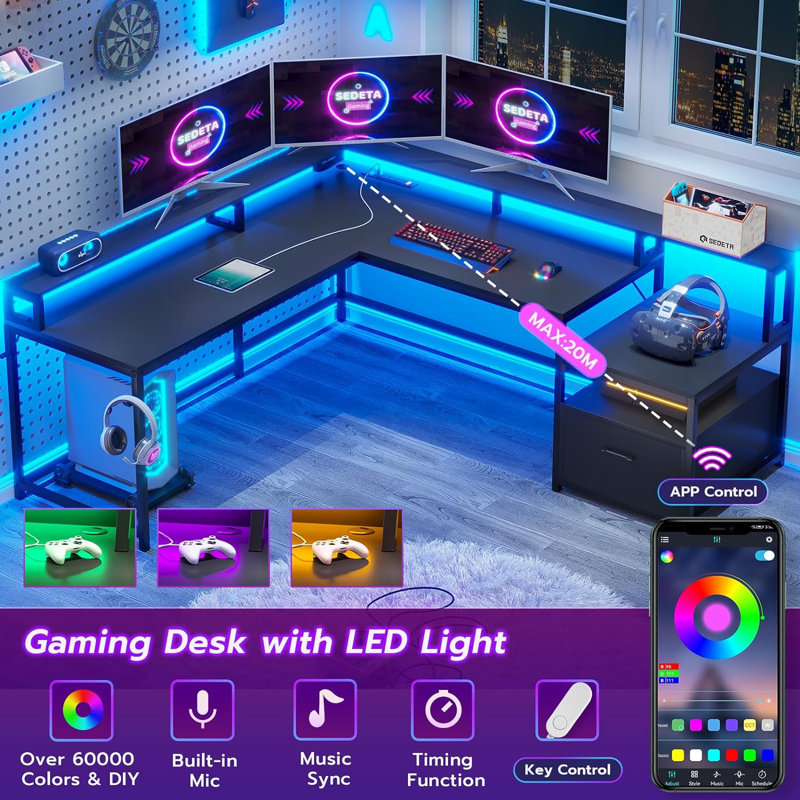 L-Shaped Computer Desk with Power Outlet, Black