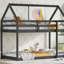Lit simple superposé au sol en bois d'hévéa simple avec échelle, garde-corps et lit superposé en forme de maison-338740346
