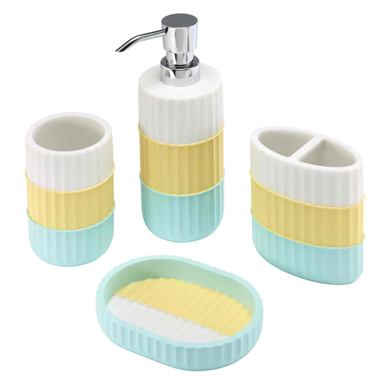 Aqua and Yellow Resin Fluted Bathroom Accessory Set