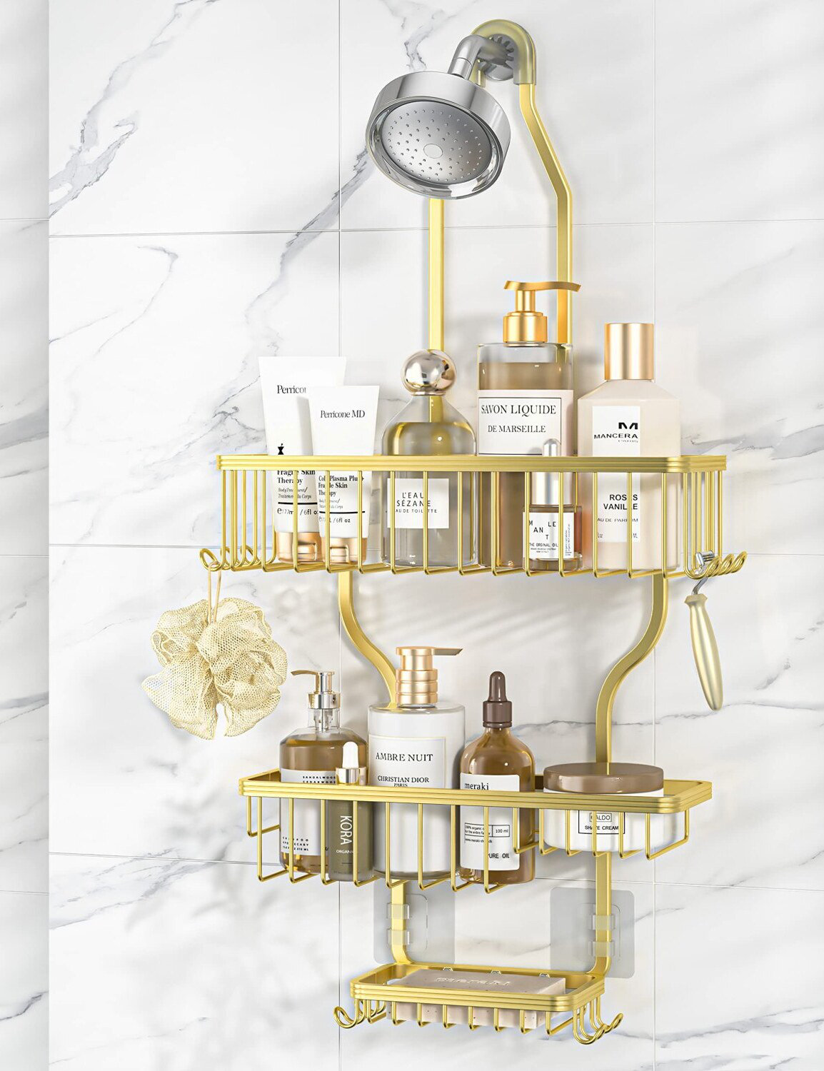 Hokku Designs Rust-Free Gold Aluminum Shower Caddy with 10 Hooks & Soap Basket - Large Hanging Organizer Over Shower Head | Wayfair