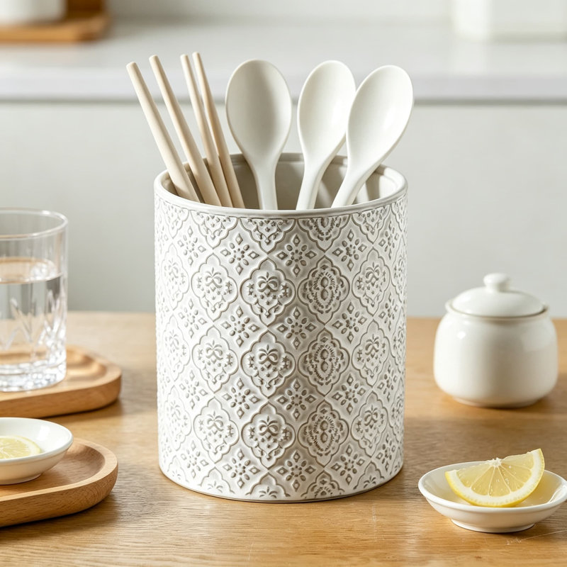 Porte-ustensiles de cuisine, grand pot à ustensiles en céramique pour comptoir, motif en relief, finition blanche réactive, organisateur profond et stable pour les ustensiles de cuisine, va au lave-vaisselle