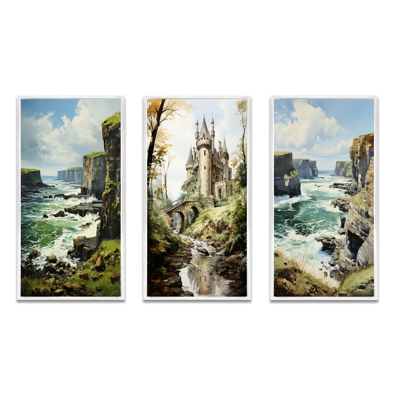 «England Majestic Cliffsengland Landscape», 3 pièces sur toile, Cadre blanc, H 32 po x l 48 po