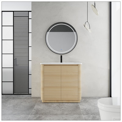 36'' Freestanding Bathroom Vanity with White Ceramic Sink & 2-Soft-Close Door, KD-Packing, Plywood