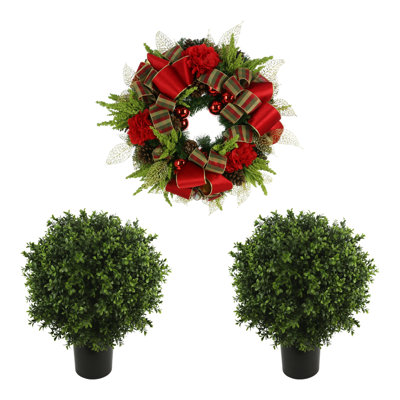 26" Holiday Wreath with Two UV Rated Boxwood Topiary Drop-Ins