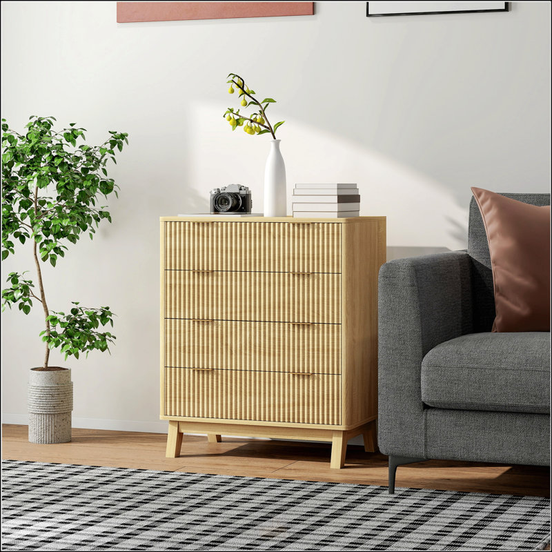 HOMCOM Fluted Dresser For Bedroom With 4 Drawers, Chest Of Drawers With Gold Finger Pulls And 4 Wood Legs, Natural Wood