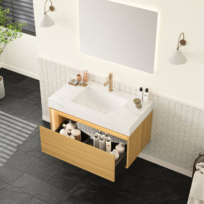 Meuble-lavabo de 36 po avec plateau en pierre frittée blanche, lavabo encastré en céramique, armoire de rangement flottante ultra-mince en contreplaqué, capteur de tiroir, pré-assemblé, gestion