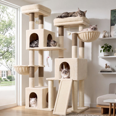 Arbre à chat de 168 cm (66 pouces) pour 2 à 3 chats, centre d'activités à plusieurs niveaux avec 8 poteaux à griffer, niches privées, plates-formes supérieures et hamac confortable, beige