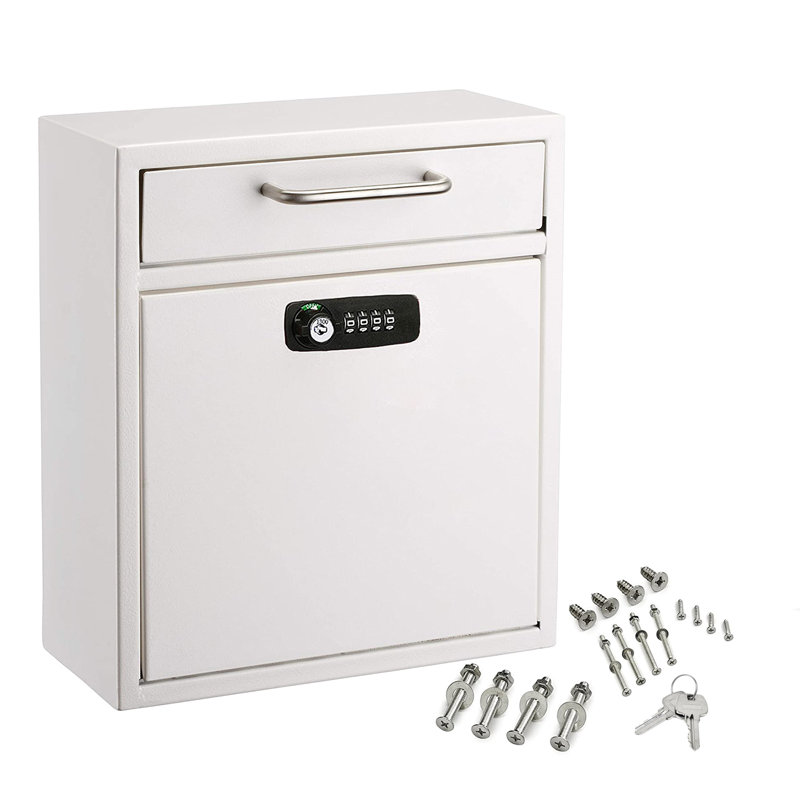 Wall-Mount Secure Drop Box Mailbox with Key and Combination Locking System, 16.2" H x 11.2" W x 4.7" D, White