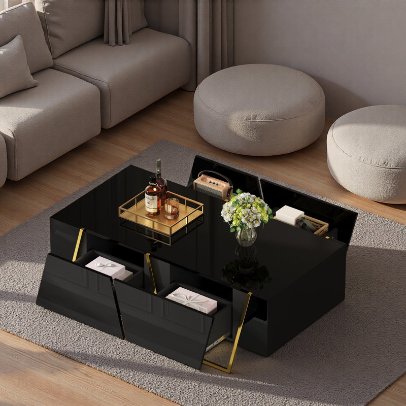 Table basse moderne moderne avec 4 tiroirs, base dorée et surface noire ultrabrillante