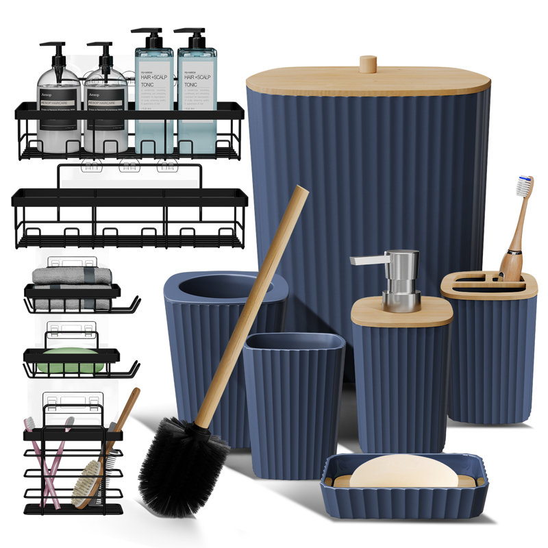 Ensemble complet d'accessoires de salle de bain 11 pièces avec accents en bambou, poubelle, brosse de toilette et 5 paniers de douche inclus