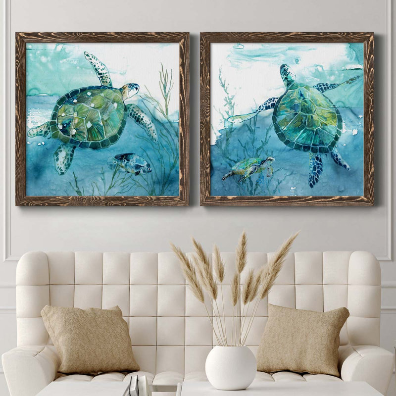 «Delray Sea Turtle I», ensemble de 2 peintures sur toile encadrées, H 27,5 po x l 55 po x P 1,5 po, Encadré de bois de noyer
