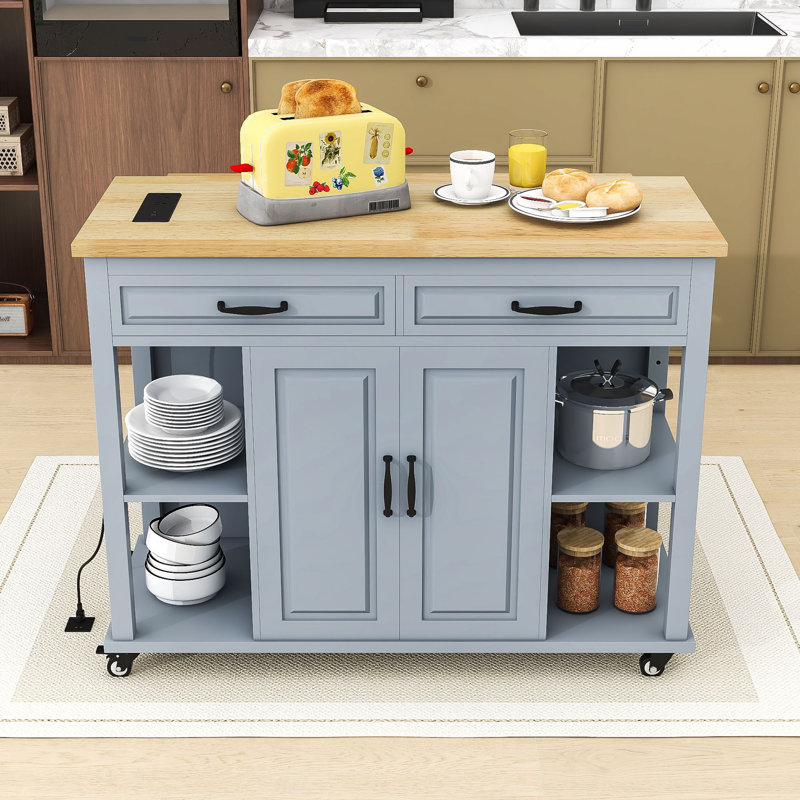 Chariot d'îlot de cuisine mobile extensible avec station de charge intégrée et rangement interne, Bleu gris