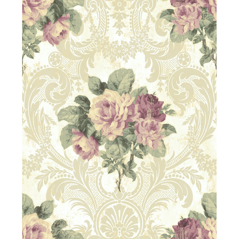 Rouleau de papier peint lisse l 33 pi x l 20,5 po rose bouquet Eilis, Ivoire / mauve