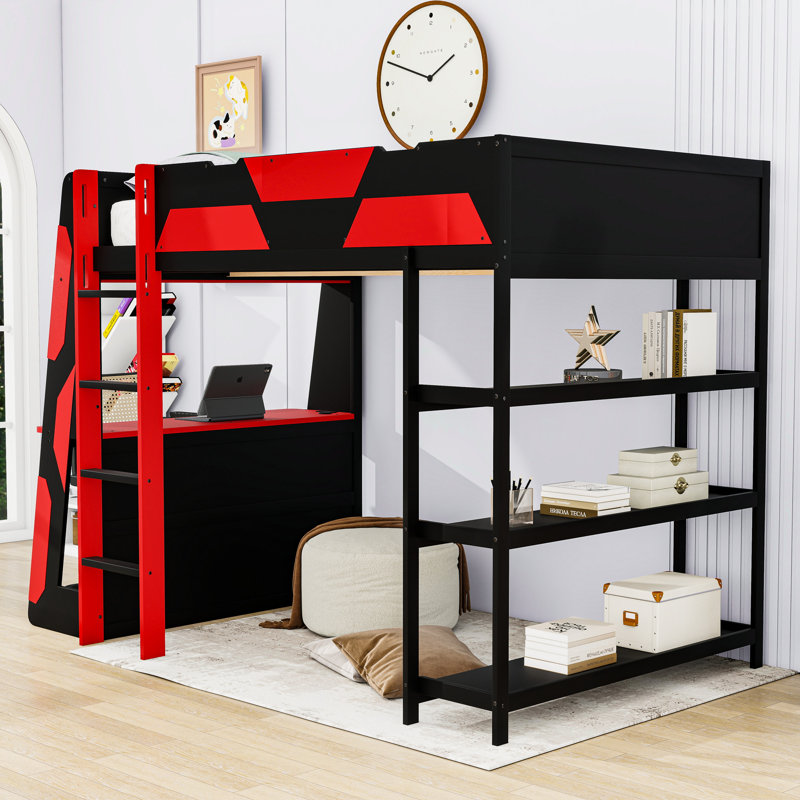 Full Size Loft Bed with Side-Mounted Desk, LED Lighting and Storage Shelves, Black/Red