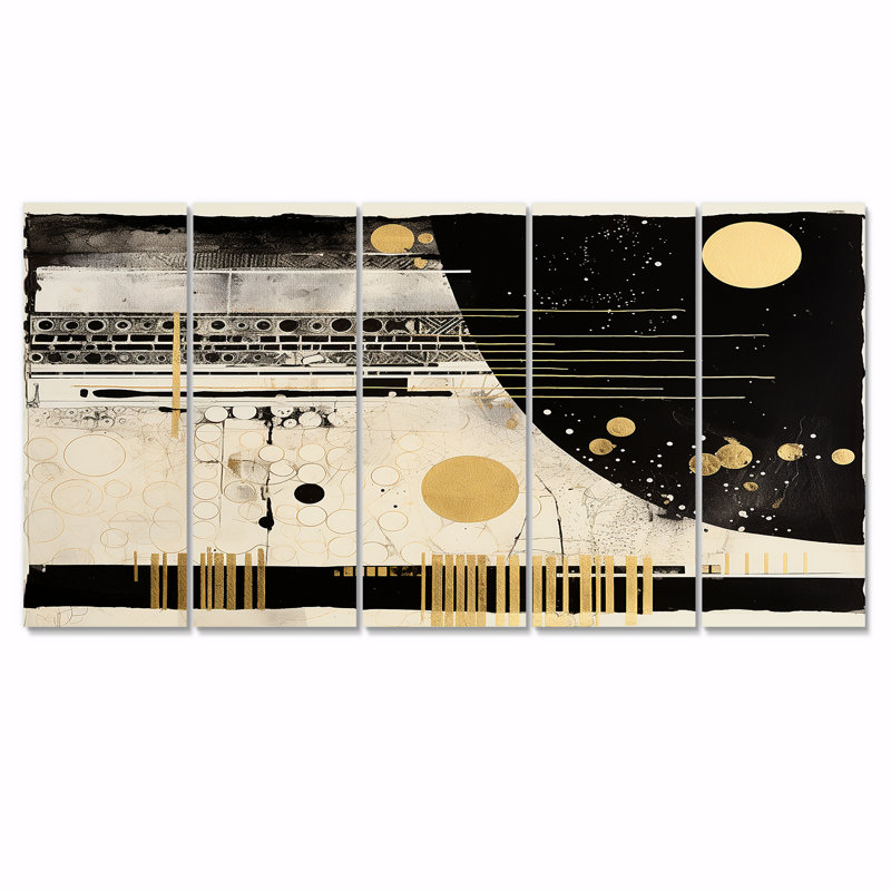 Or, noir, blanc, dimanche, Jazz I - Collages abstraits, art mural sur toile, 5 pièces, H 28 po x l 60 po