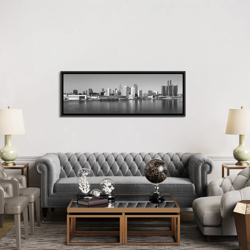 « détroit horizon cityscape », reproduction de photo sur toile tendue, H 20 po x l 60 po x P 1,5 po, Toile avec cadre noir