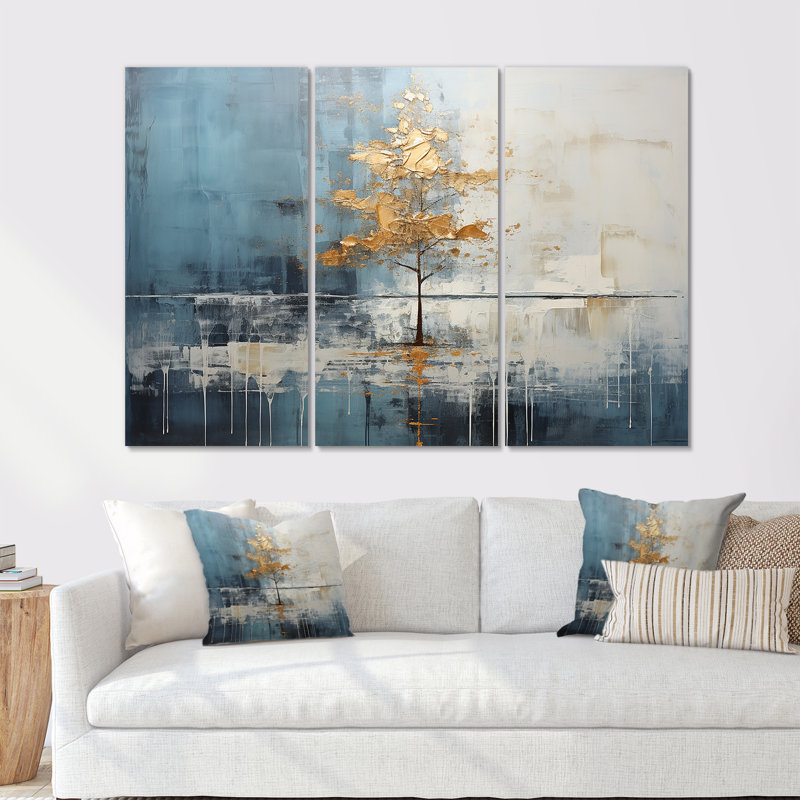 «Gold and Blue Bird Bloom Springtime IV», art mural sur toile, H 40 po x l 61 po, Toile tendue
