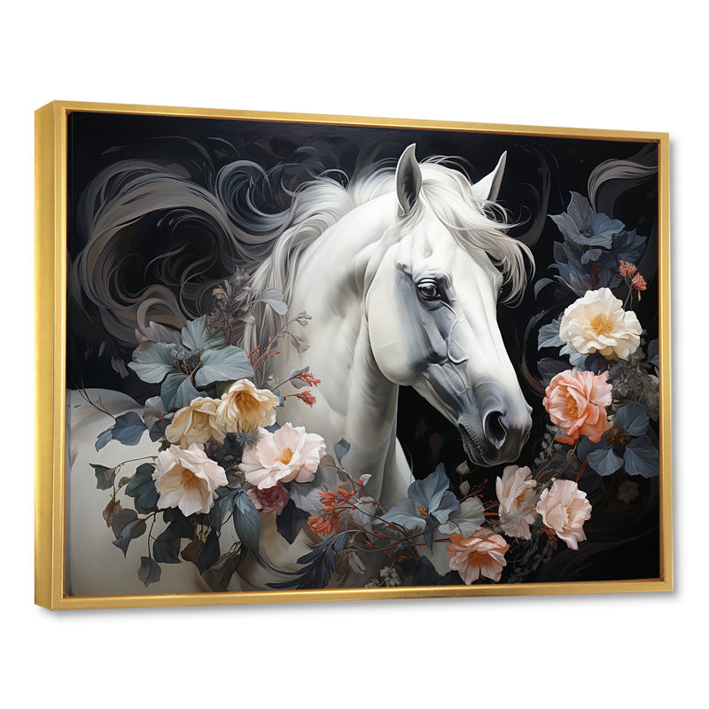 «Majestic Flower Beauty Horse II», reproduction sur toile, Cadre flottant doré, H 12 po x l 20 po