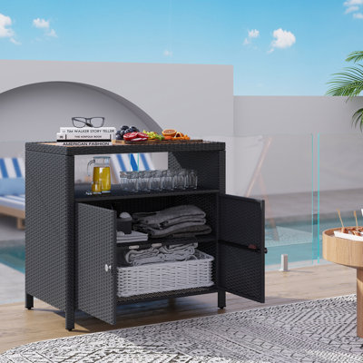 Wicker Outdoor Storage Cabinet, Rattan Outdoor Bar Table with Acacia Wood Countertop, Two Doors and Shelf, Buffet Cabinet Sideboard for Garden, Patio, by Outsunny