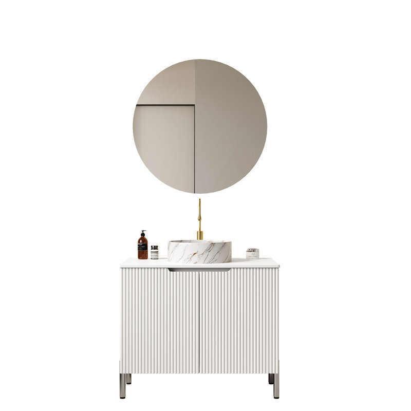 Meuble-lavabo de salle de bain 30 po avec lavabo, meuble de rangement autoportant avec 2 portes, lavabo rond blanc en céramique avec motif de pierre et comptoir blanc Carrara, sans robinet, blanc
