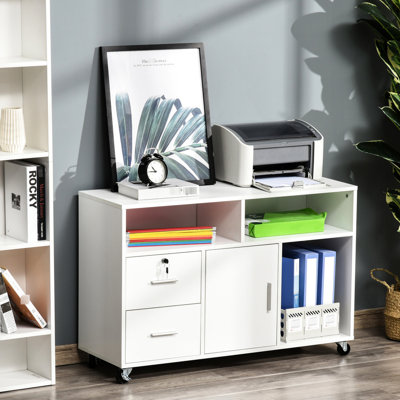 White Office Mobile Cabinet - Printer Stand With Caster Wheels, 2 Locking Breaks, Drawer, And 3 Shelves For Storing Supplies Files Home Space Pens Not by Inbox Zero
