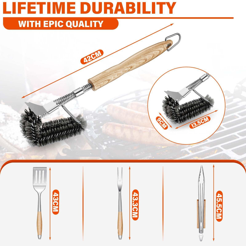 LIFETIME FLOORING LLC Grill Set 4PC BBQ Tools Set Grill Accessories With BBQ Spatula, BBQ Clips, Brushes, BBQ Forks Heavy Duty Grill Kit Grill Tools For Outdoor Grill With Wood Handles Gift Ideas For Dad Man