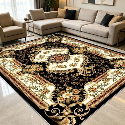 1PC Vintage Black Gold Floral Persian Traditional area rugs for Living Room, Soft and Comfortable, Suitable for all seasons, easy-to-maintain, machine washable Indoor floor mat, Under Table Farmhouse suitable for dining table, bedroom, entryway,