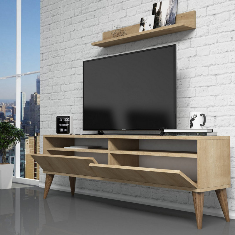 Modern Oak TV Unit & Wall Shelf Set, 59.1 x 19.7 x 11.8 inches | 100% Melamine Coated Particle Board, Thickness: 0.7 inches | Multiple Shelves, Wall-Mountable Design for Stylish Scandinavian Living Room Decor