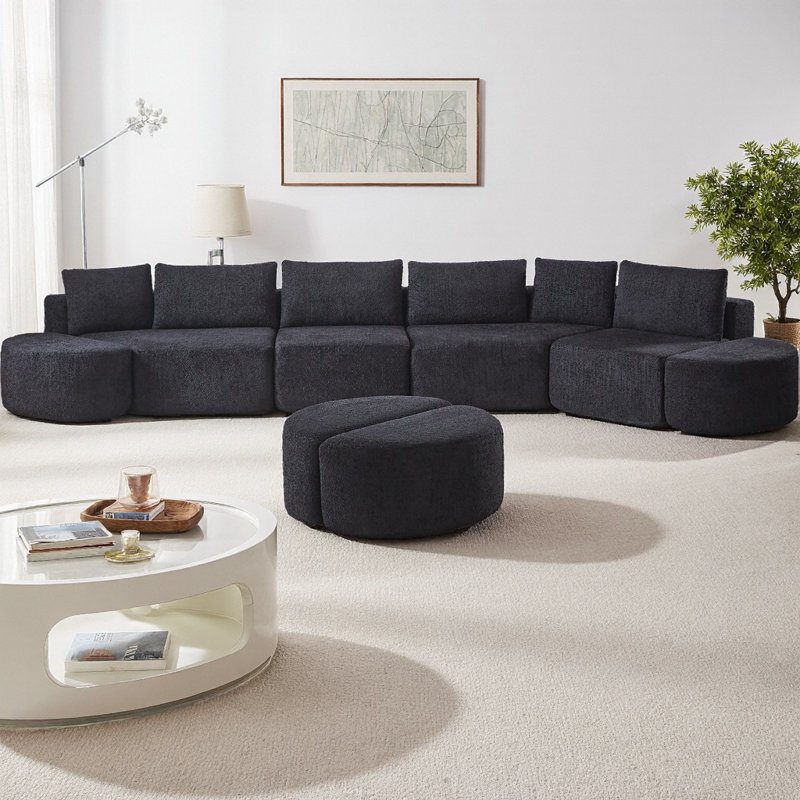 Canapé modulaire incurvé modulaire avec tissu chenille, 4 tabourets incurvés et 6 coussins décoratifs, sans nuage requis pour le salon, la chambre à coucher ou le bureau