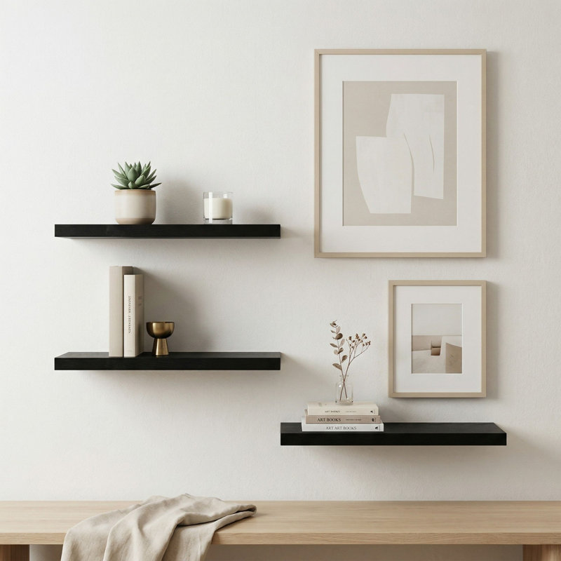 16“W Floating Shelves for Wall Decor, Kitchen, Bathroom, Workspace(set Of 3), Black