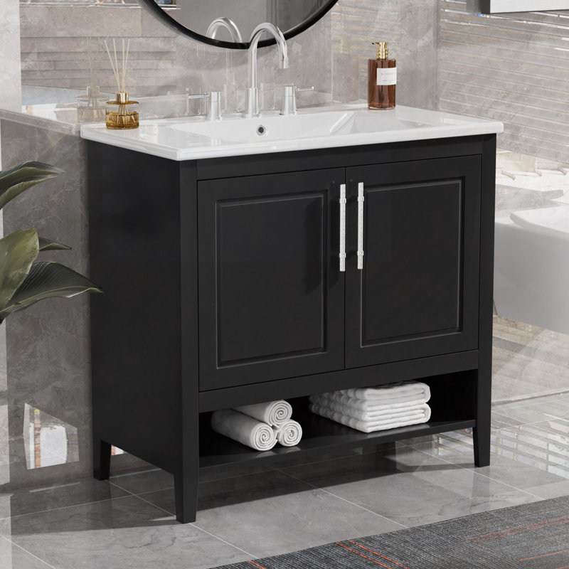 Meuble-lavabo 36 po avec lavabo, armoire de salle de bain multifonctionnelle avec portes et tiroirs, structure en panneau de fibres à densité moyenne et panneau de fibres à densité moyenne