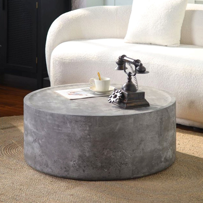 Table basse ronde de 31,5 po avec finition en faux béton pour le salon, table basse cylindrique moderne pour le salon, aucun assemblage nécessaire