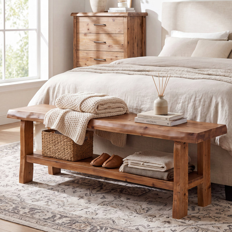 Banc de chambre en bois massif Farmhouse, banc de bout de lit rustique à 2 niveaux avec tablette de rangement inférieure