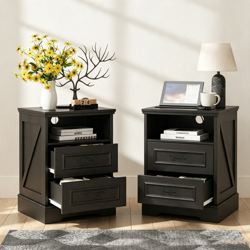 Farmhouse Nightstand, Bedside Table with Charging Station, Black, Individual