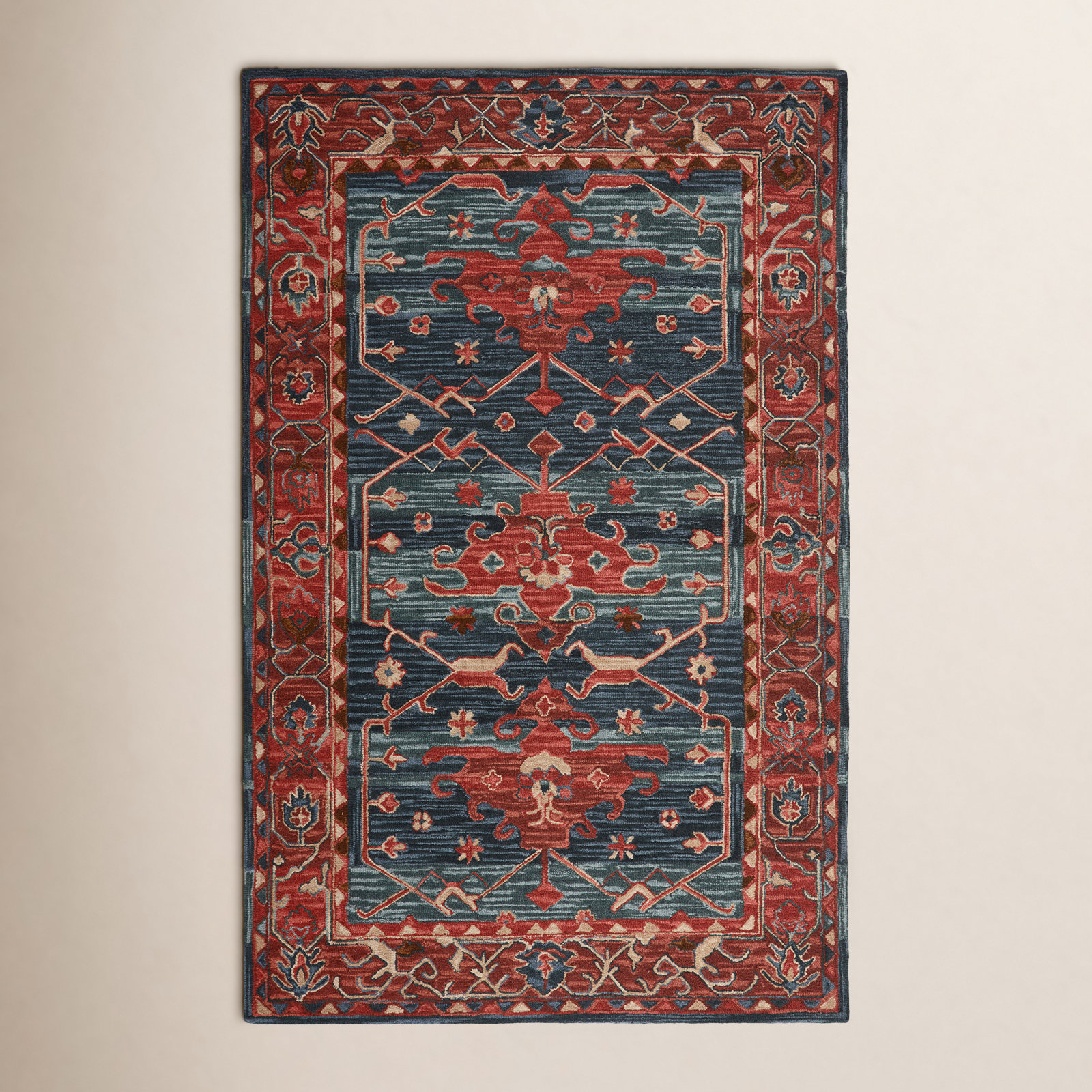 Red Blue Hand-Tufted Wool Oriental Rug, Rectangle 5' x 8'