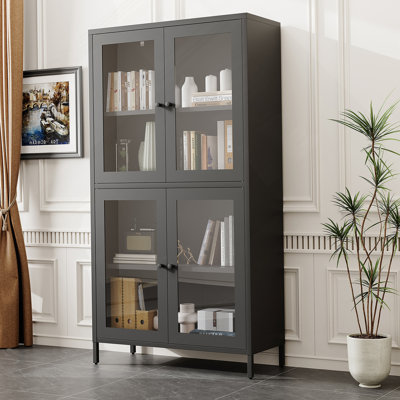 Armoire de rangement classique en métal avec 4 portes en verre et 4 tablettes avec armoire latérale pour bureau à domicile, salon, cuisine, couloir - noir, verre trempé plat