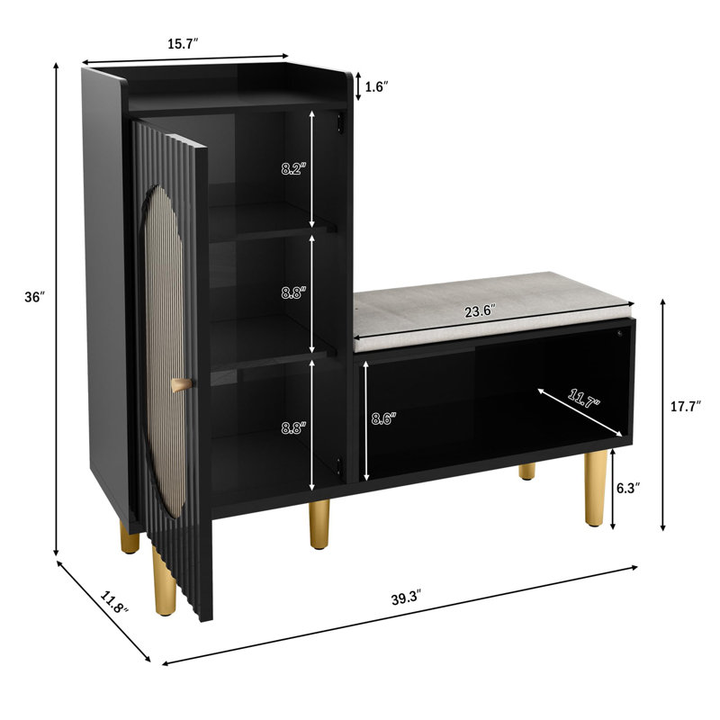 Storage Bench with Glass Doors and Shelves, Noir, noir, noir, noir