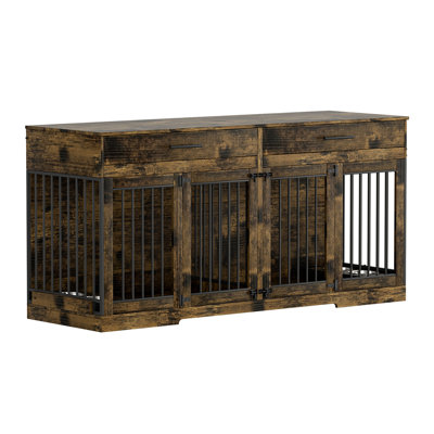 Wooden Dog Crate Furniture With Reinforced Divider And 2 Drawers And 2 Dog Bowls