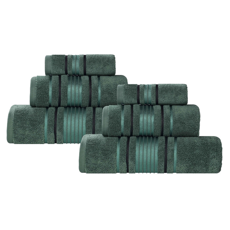 Ensemble de serviettes en coton uni et jacquard Sadie Zero Twist, À rayures, Ensemble de serviettes - 6 pièces, Vert forêt