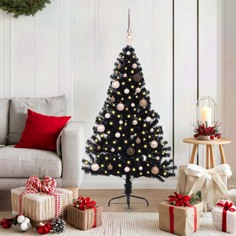 4.92' H Lighted Artificial Christmas Tree, Black, 150 cm, with 60 Rose Gold Balls
