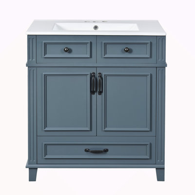 Meuble-lavabo de 30 po avec lavabo en céramique, armoire de rangement en bois massif avec portes à fermeture douce, style rétro