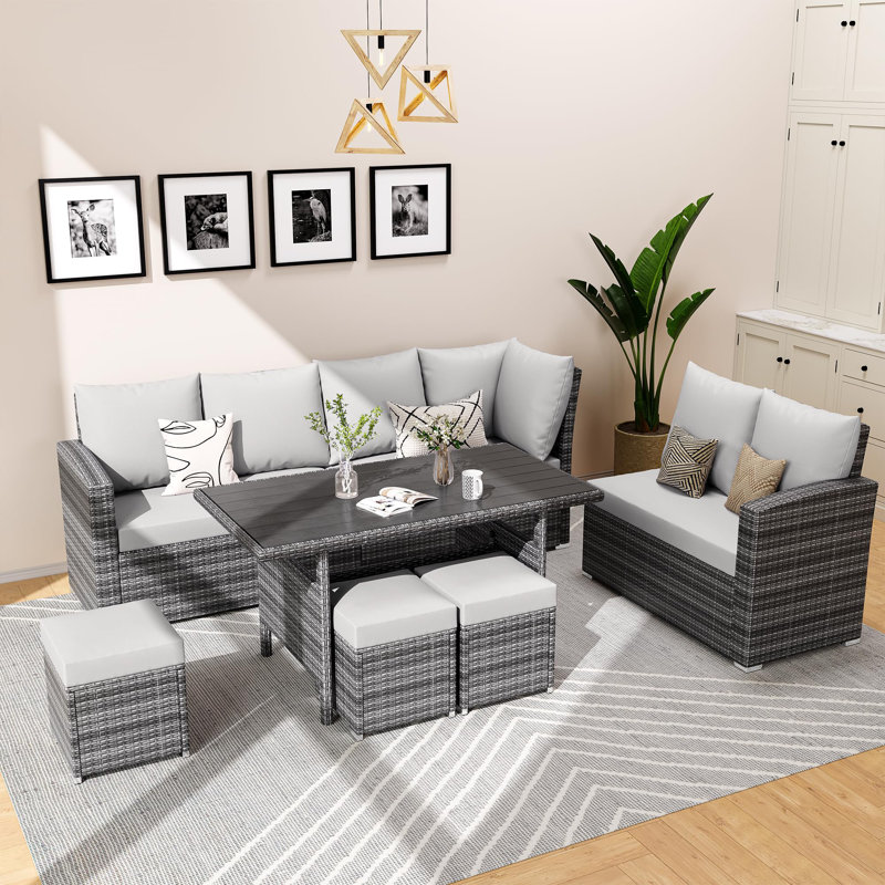 7 Pieces Outdoor Patio Furniture Set, Outdoor Sectional Dining Table Set, Outdoor Furniture With Wicker Rattan Dining Table
