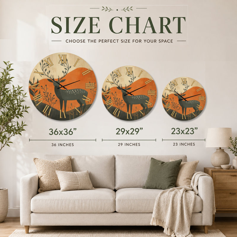 Horloge murale rustique en bois Amber Woodland Deer II - Grande horloge murale en bois, Extra Large