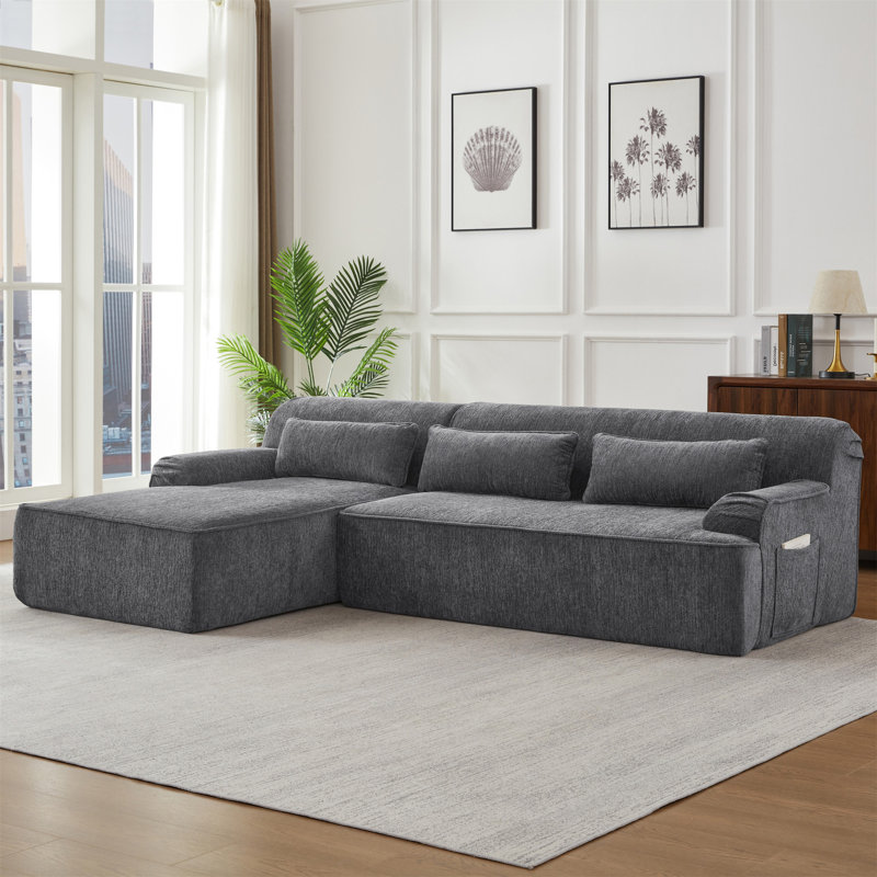 Boneless L-Shape Sectional Oversized Sofa, Left Hand Facing, Gray Chenille